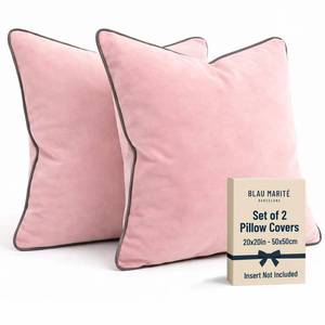 lot 6461 image: Blau Marit 2 Pack Velvet Decorative Throw Pillow Covers, 20x20in, Pink and Grey, Solid, Modern, Contrast Piping, Indoor Use, Bedroom and Living Roomin