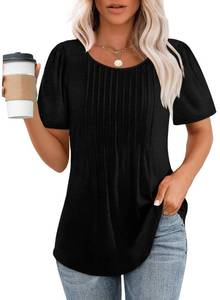 lot 6463 image: Black Shirts for Women Puff Short Sleeve Summer Oversized T Shirts Round Neck Beach Vacation Clothes for Women L
