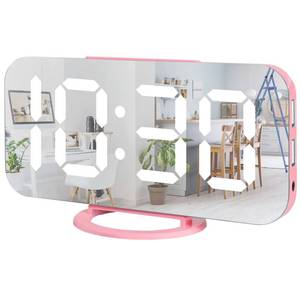 lot 6468 image: Lamisola Pink Digital Alarm Clock for Girls, Large LED Mirror Desk Clock, 2 USB Charging Ports, Nightstand Table Aesthetic Sleek Clocks Decor for Bedroom Office, Pink
