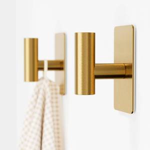 lot 6493 image: GWAAZXGZ Towel Hooks for Bathrooms � 2 Pack, Brushed Gold Finish, T-Shaped Stainless Steel Adhesive Wall Hooks for Robes and Towels in Kitchen, Shower, or Closet