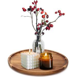 lot 11104 image: Acacia Round Wood Tray Decorative Serving Trays for Ottoman Coffee Table Candle Holder Tray Kitchen Counter Island Accents Home Decor Circle Circular Wood Centerpiece Trays for Dining Room Table