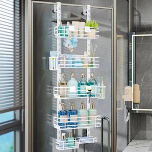 lot 11131 image: Consumest Over The Door Shower Caddy - 5 Tier Adjustable Shower Organizer Hanging with 2 Toothbrush Holders and 4 Hooks, Rustproof Organizer Shelf, Storage Rack for Bathroom, White