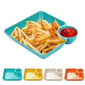 lot 11137 image: 4 Pcs Chips and Salsa Serving Dish Plates, Veggie Platter Dipping Serving Trays with Sauce Rack for Buffet Family Party Appetizer Sushi Taco Salsa Charcuterie Barbecue Plate, Reusable (Mixed Colors)