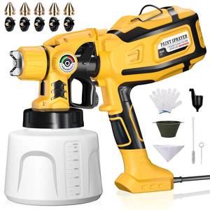 lot 11155 image: Paint Sprayer, Cosyjazz 1200W HVLP Spray Paint Gun with 5 Nozzles and 3 Spray Patterns, Adjustable Flow Control, 1400ml Container and Cleaning Tools, for House Painting, Fences, Cabinets, Walls etc.(Used)