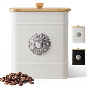 lot 11161 image: Airtight Coffee Canister - 40 oz Large Iron White Coffee Container Airtight - 6 x 8 inch Metal Jar - Stylish Countertop Container for Grounds, Beans, Pods and More with Rubber-Lined Bamboo Lid