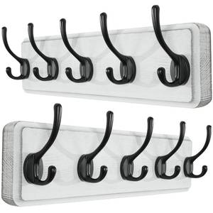 lot 11166 image: SKOLOO Rustic Wall Mounted Coat Rack, 16 inches Hole to Hole, Case of 2, Pine Solid Wood Coat Hook Hanger - 5 Hooks for Hanging Clothes Robes Towels Coats