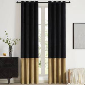 lot 11193 image: BULBUL Black Gold Color Block Window Curtains Panels 84 inches Long Velvet Farmhouse Drapes for Bedroom Living Room Darkening Treatment with Grommet Set of Black Gold