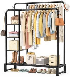 lot 11196 image: Double Rods Clothes Rack Clothing Rack with 4 Tier Storage Shelves Clothes Rack for Hanging Clothes Multifunctional Heavy Duty Clothes Organizer with Hooks for Bedroom,Wardrobe Closet,Shop,Black