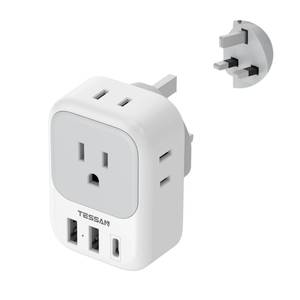 lot 12316 image: US to UK Plug Adapter, TESSAN Type G Travel Converter with 3 USB Charger(1 USB C Port), 4 Outlets Power Adaptor for USA to Qatar Ireland Hong Kong England Scotland Kenya Dubai London British