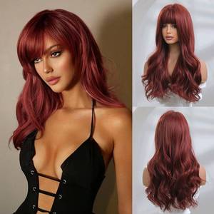 lot 12338 image: Honygebia Dark Red Wig with Bangs - Burgundy Wigs for Women, Wine Red Long Straight Layered Realistic Hair, Natural Synthetic Heat Resistant Wigs for HalloweenChristmasCosplayParty