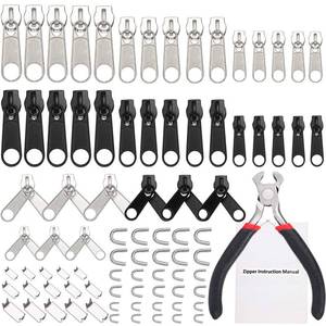 lot 12346 image: TecUnite 85 Pcs Zipper Repair Kit with Replacement Zipper and Pull Nylon Zippers Slider Universal Zippers Repair Kit with Instruction Manual Install Plier for Luggage Jacket Coat Jean Black and Silver