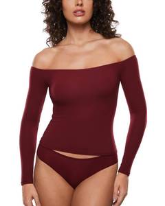 lot 12400 image: INLYRIC Womenfts Inbarely Soft Off The Shoulder Double Lined Long Sleeve Tops Going Out Slim Fitted Sexy Trendy T-Shirts Ancora Red X-Small
