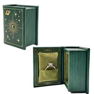 lot 12409 image: XWLB Vintage Magic Book-Shaped Ring Box Starry Sky Pattern PU Leather with Magnetic Closure for Proposal Engagement Gift (Green)