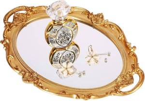lot 12411 image: Zosenley Polyresin Ellipse Antique Decorative Mirror Tray, Makeup Organizer, Jewelry Organizer, Serving Tray, 9.8�x 14.6�, Gold