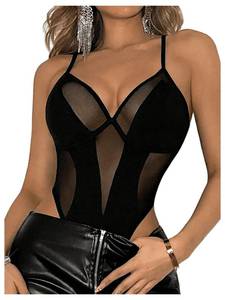 lot 12412 image: SweatyRocks Womenfts Sheer Mesh Bodysuit V Neck Sleeveless Party Leotard Top Clubwear Black Medium