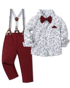 lot 12414 image: SOLOYEE Toddler Boy Clothes Suit 2T 3T Boys Wedding Formal Outfit, Dress ShirtBowtieSuspender Pants Baby Gentleman Outfits (Red, 2-3T)