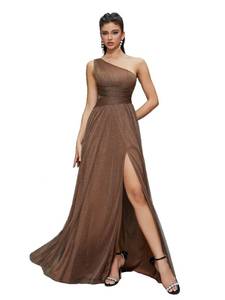 lot 12453 image: MIMIFINA Womenfts Glamorous One Shoulder Sparkly Tulle Long Evening Dress with High Slit Waist Cinching for Weddings Party Brown