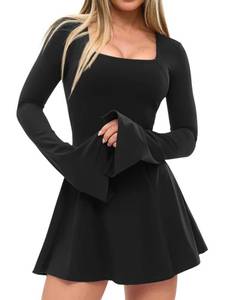 lot 17114 image: XXTAXN Women�s Sexy Flare Long Sleeve Square Neck Party Yoga Flowy Hem Mini Dress with Shorts Black (no size but guessing size L)