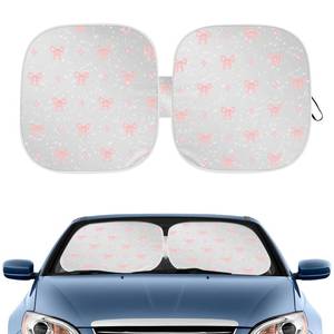 lot 17115 image: Pink Bow Print Car Windshield Sun Shade, Foldable Reflective UV Protection Sun Visor with Storage Pouch, Auto Interior Accessories for Sedan, SUV, Hatchback
