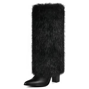 lot 17128 image: QLR 3.3-inch Chunky Knee High Fur Heel Boots Furry Fuzzy Fluffy Pointed Toe Boots for Women, Tall Long Wide Calf Boot with Side Zipper Fall Winter Snow Fold Over size 11