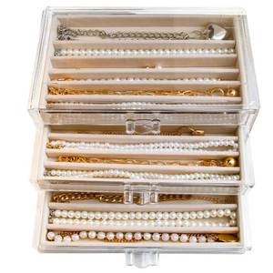 lot 17129 image: YUFONG Necklace Holder Organizer, Dustproof Necklace Box Velvet Necklace Organizer Box with Lid Clear Acrylic Dustproof Stackable Jewelry Displays for Necklaces Chain Display (Beige, 3 Drawer)