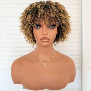 lot 17133 image: Charming cascade Kinky Curly Bob Wig with Bangs 6 Inch Short Ombre Blonde Afro Wigs for Black Women Full and Soft Heat Resistant Synthetic Fiber Throw and Go Wig