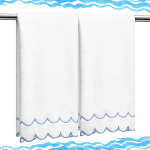 lot 17146 image: Hahafelt 2 Pcs Scalloped Hand Towels 100percent Cotton Fingertip Towels for Bathroom 15.75 x 27.56 Inch 600 GSM Cute Soft Absorbent Embroidered Decorative for Home Hotel(Blue,Classic)