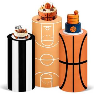 lot 18233 image: Frienda 3 Pcs Basketball Themed Sport Birthday Spandex Cylinder Stand Covers for Party Basketball Field Ball White Black Stripes Cylinder Pedestal Cover Dessert Table Display for Teen Birthday Decor