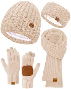 lot 18239 image: Women Winter Beanie Hat Scarf Gloves Headband Set, Fleece Lined Hat Ear Warmer Knit Long Scarf Touchscreen Gloves 4 Gift Set