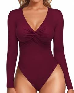 lot 18240 image: MANGOPOP Bodysuits for Women Deep V Neck Twist Knot Fitted Long Sleeve Bodysuit Basic Tops Casual T Shirts, Burgundy, Small