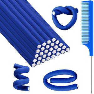 lot 18245 image: Syhood 30 Pcs 7ftft Flexible Curling Rods Twist Foam Hair Rollers Soft Foam No Heat Hair Rods Rollers and 1 Steel Pintail Comb Rat Tail Comb for Women Long Short Hair(Navy Blue,7 x 0.3 Inch)