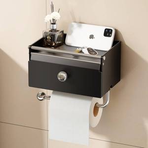 lot 18246 image: Voldra Toilet Paper Holder with Shelf, Flushable Wipes Dispenser for Bathroom, Adhesive Toilet Paper Roll Holder with Storage Wall Mount Stick On Bathroom Tissue Holder Front Flip Design (Matte Black)