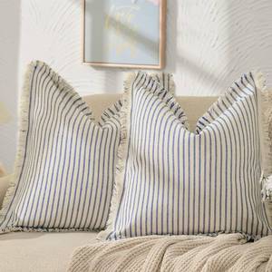 lot 18261 image: ZWJD Throw Pillow Covers 18x18 Set of 2 Striped Pillow Covers with Fringe Chic Cotton Decorative Pillows Square Cushion Covers for Sofa Couch Bed Living Room Farmhouse Decor, (Blue)