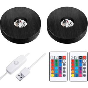 lot 18270 image: Mudder 2 Pcs Light LED Base Wood LED Display Base for Glass Art Decor Crystal Acrylic Resin, 16 Colored USB Light with Remote Wooden Round Lamp Stand for 3D Crystal Ball Room Home Decor(Black)