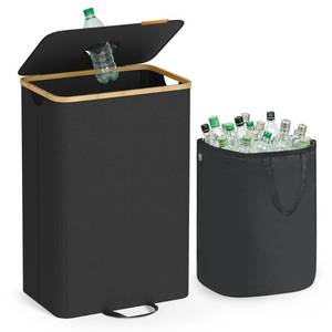 lot 19449 image: SONGMICS Recycling Bin for Kitchen 26.4 Gallon. Bottle Recycling Container, Collection Bin, for Metal, Plastic, Paper, Glass, Inner Bag with Handles, Kitchen, Ink Black and Natural Beige URRB509B01