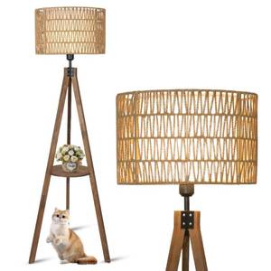 lot 19454 image: LAMSU Boho Tripod Floor Lamps for Living Room, Rattan Wood Floor Lamp with Fabric Shades, Mid Century Standing Lamp with Shelf, Foot Switch, Modern Farmhouse Tall Lamps for Bedroom Office Brown (Wood piece damaged)