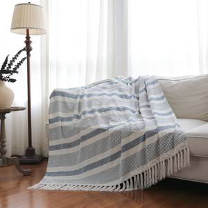 lot 19462 image: IKATYARN Blue Striped Chenille Throw Blanket, Velvety Blue and White Decorative Chair Throw with Fringe, 50 x 60 Inches