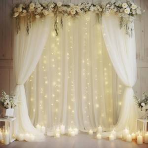 lot 19519 image: 2010ft Cream White Tulle Backdrop Curtain with Lights String for Parites, Sheer Curtain Backdrop Drapes for Wedding Party Home Decorations