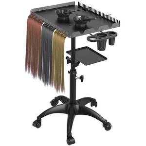 lot 19527 image: ZHOOGE Hairstylist Rolling Cart, Salon Trolley With Storage Platform and Hair Separator Stand, Coloring Tray With Dye Bowls and Tools, Black