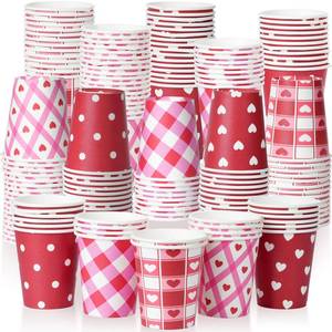lot 20057 image: Hauwellter 100 Set Valentines Day Cups 9oz, Bulk Heart Print Disposable Coffee Paper Cups, Pink Party Cup for Hot Chocolate Cold Drinks Valentines Day Wedding Party Supplies Decorations