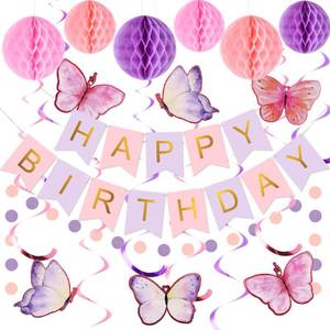lot 20457 image: meowtastic Birthday Decorations, Happy Birthday Banner with Honeycomb Balls, Butterfly Hanging Swirl Streamers, Circle Dots Garland, Happy Birthday Party Decorations for Women Girls (PurpleandGold)