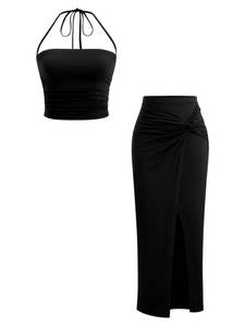 lot 20466 image: Verdusa Womenfts 2 Piece Vacation Outfits Ruched Crop Halter Top with Slit Bodycon Long Skirt Going Out Sets Black Large