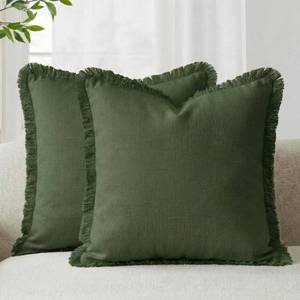 lot 20472 image: AVOIN colorlife Decorative Linen Fringe Throw Pillow Covers Set of 2, 18 x 18 Inch Olive Green Cozy Boho Farmhouse Cushion Case with Tassels Soft Accent Decoration for Bedroom Home Sofa Couch
