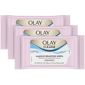 lot 20492 image: Olay Cleanse Makeup Remover Cleansing Face Wipes, Daily Facial Towelettes, Rose Water, 25 Count, 3 Pack
