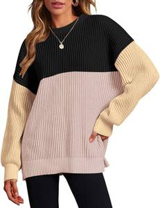 lot 20499 image: Zeagoo Women 2026 Winter Oversized Sweater Crew Neck Long Sleeve Color Block Pullover Rib Knit Blouse Tops Black Pink Medium