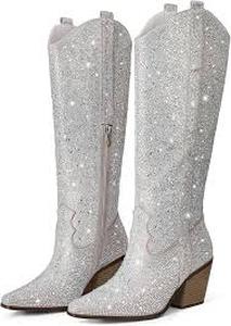 lot 11125 image: MUCCCUTE Silver Thigh High Size 8 Boots Crystal Embellished Western