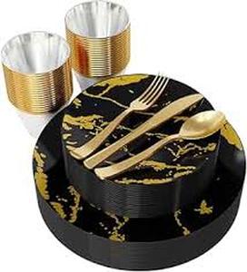 lot 17119 image: Gold Marble Pattern Dinnerware Set with Cups