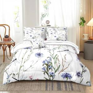lot 131227 image: Blue Floral Comforter Set Spring Summer Flowers Printed Quilt Bedding Set with 1 Comforter and 2 Pillow Covers for Bedroom Dormroom All Season King 104x90inches