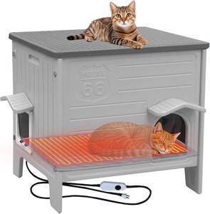 lot 131238 image: Rockever Heated Cat House for Outside in Winter, 100% Waterproof & Insulated Heated Cat House for Outdoor Cats with Heating Pad, Elevated Outdoor Cat House Safe Escape Door(M,Grey&Heating Pad)