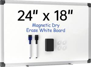 lot 131242 image: VUSIGN 24 x 18 Magnetic Whiteboard for Wall, Dry Erase Board with Silver Frame, Hanging White Board for Office, Home, School - Includes 1 Eraser, 2 Multicolor Markers & 4 Magnets